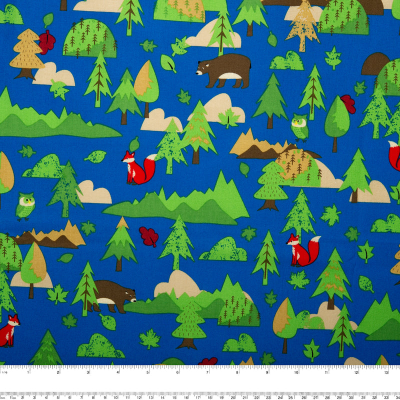 Printed Cotton - LET'S GO CAMPING - Forest - Electric blue