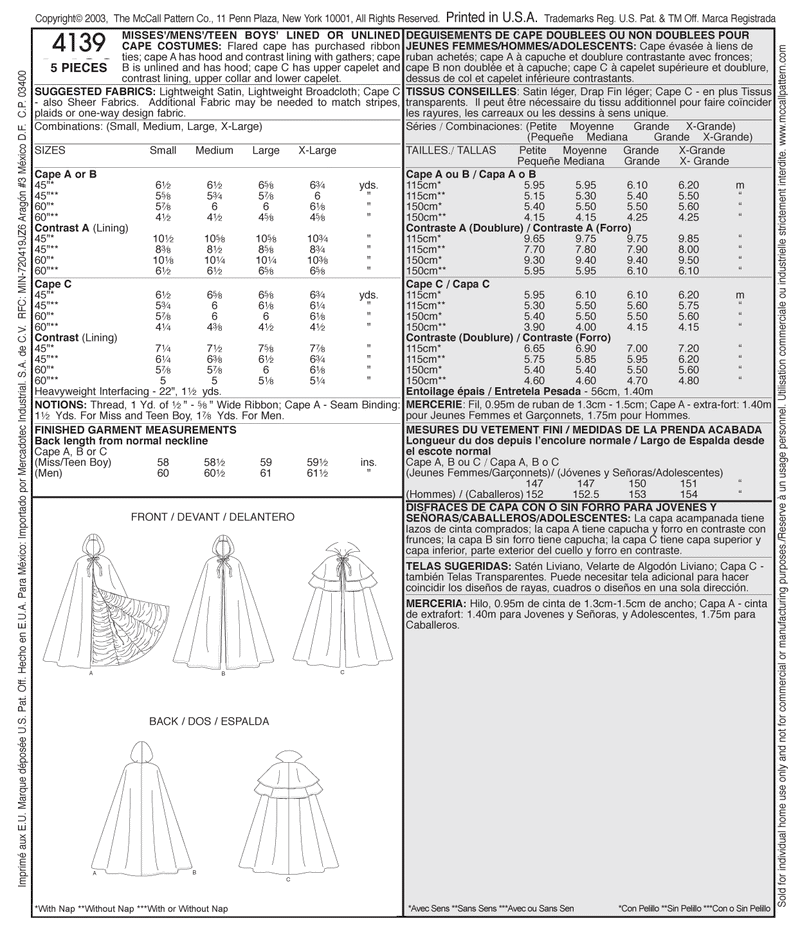 M4139 Misses'/Men's/Teen Boys' Lined & Unlined Cape Costumes (size: All Sizes In One Envelope)
