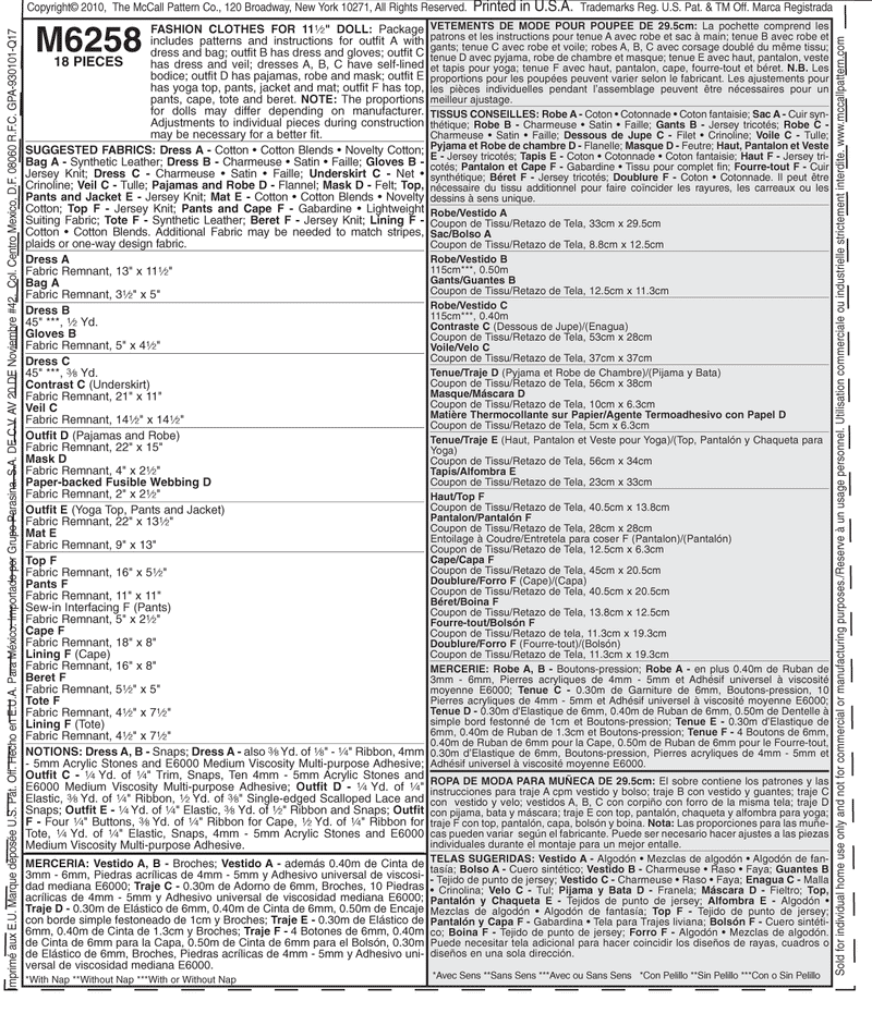 M6258 V tement mode de poup e 12po grandeur Une seule taille