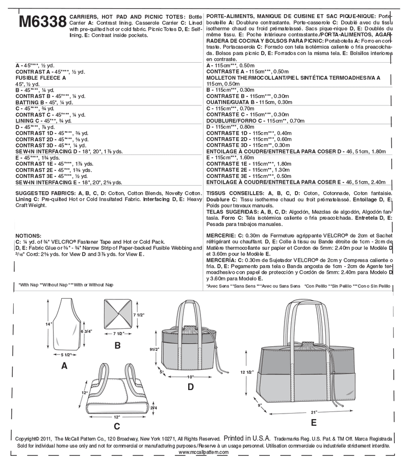 M6338 Carriers, Hot Pad and Picnic Totes (size: One Size Only)