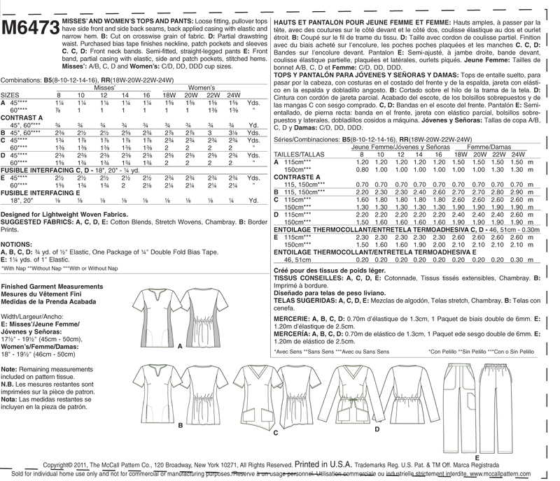 M6473 Misses'/Women's Tops and Pants (size: 18W-20W-22W-24W)