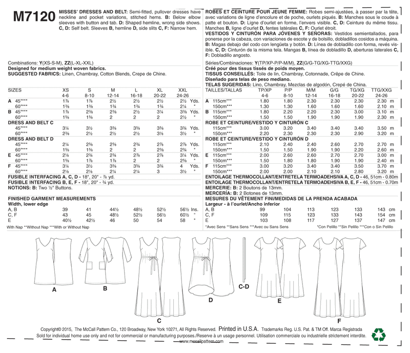 M7120 Misses' Dresses and Belt (size: XSM-SML-MED)
