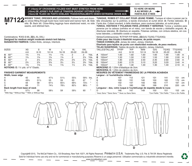 M7122 Misses' Tunic, Dresses and Leggings (size: XSM-SML-MED)