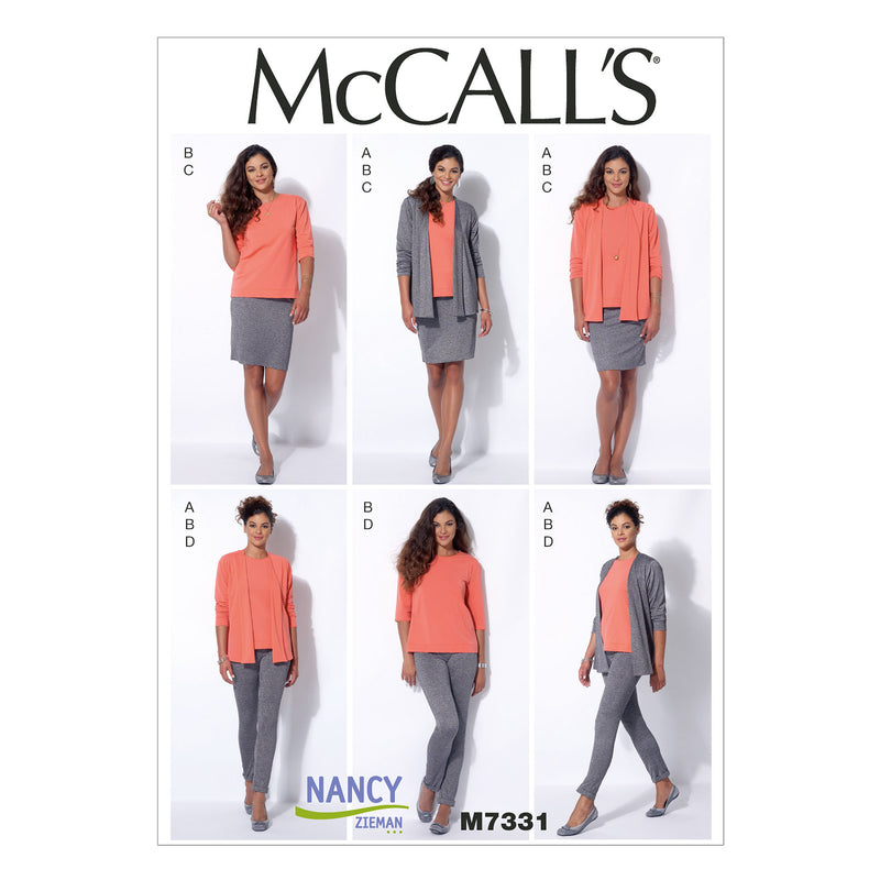 M7331 Misses' Cardigan, T-Shirt, Pencil Skirt and Leggings (Size: 14-16-18-20-22)