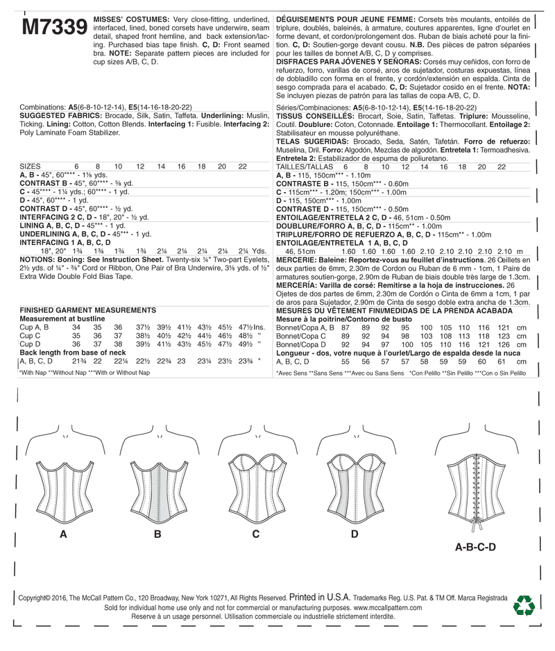 M7398 Misses' Bodysuit Corset, Collar, Cuffs and Tail (size: 14-16-18- –  Fabricville