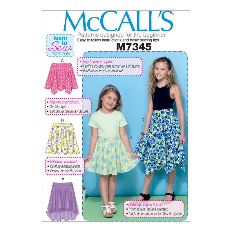 M7345 Children's/Girls' Straight, Handkerchief, or High-Low Hem Skirts (size: 3-4-5-6)