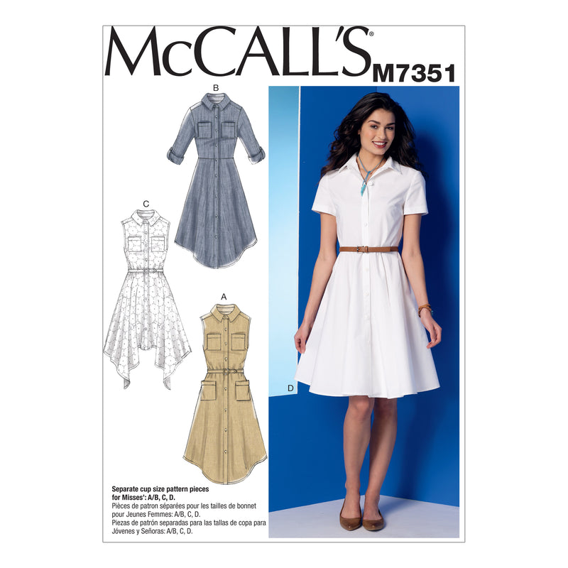 M7351 Misses' Shirtdresses with Pockets and Belt (size: 14-16-18-20-22)