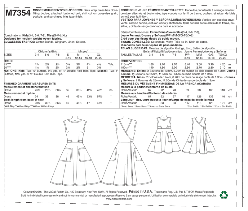 M7354 Misses'/Children's/Girls' Matching Back-Wrap Dresses (size: 3-4 5-6 7-8)