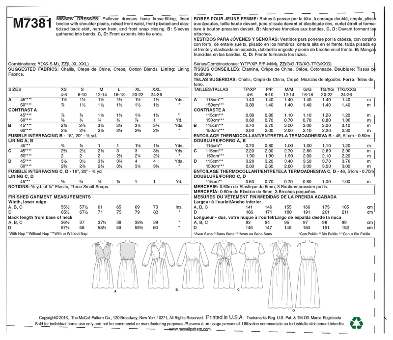 M7381 Misses' Pleated Dresses with Optional Front-Tie (size: XSM-SML-MED)