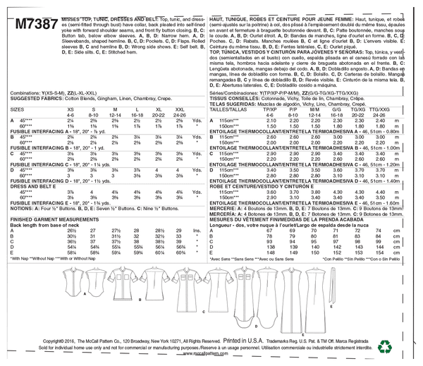 M7387 Haut, Tunique, Robes et Ceinture - Jeune Femme (grandeur : TP-PETIT-MOYEN)