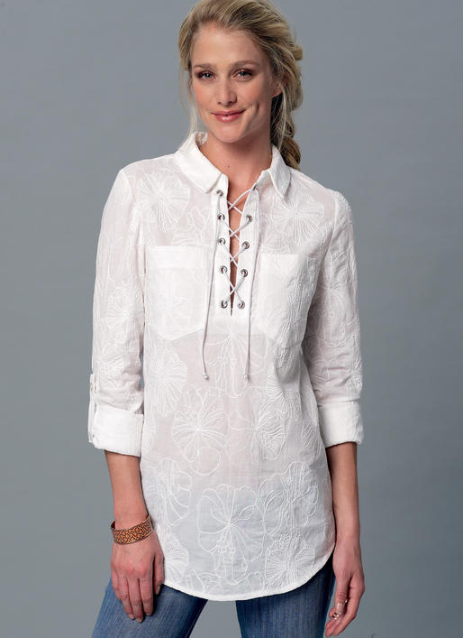 M7391 Misses' Laced or Split-Neck Tops and Dress (size: LRG-XLG-XXL)