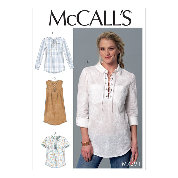 M7391 Misses' Laced or Split-Neck Tops and Dress (size: XSM-SML-MED)