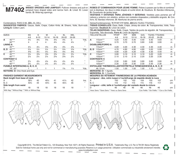 M7402 Misses' Dresses and Jumpsuit (size: 4-6-8-10-12-14)