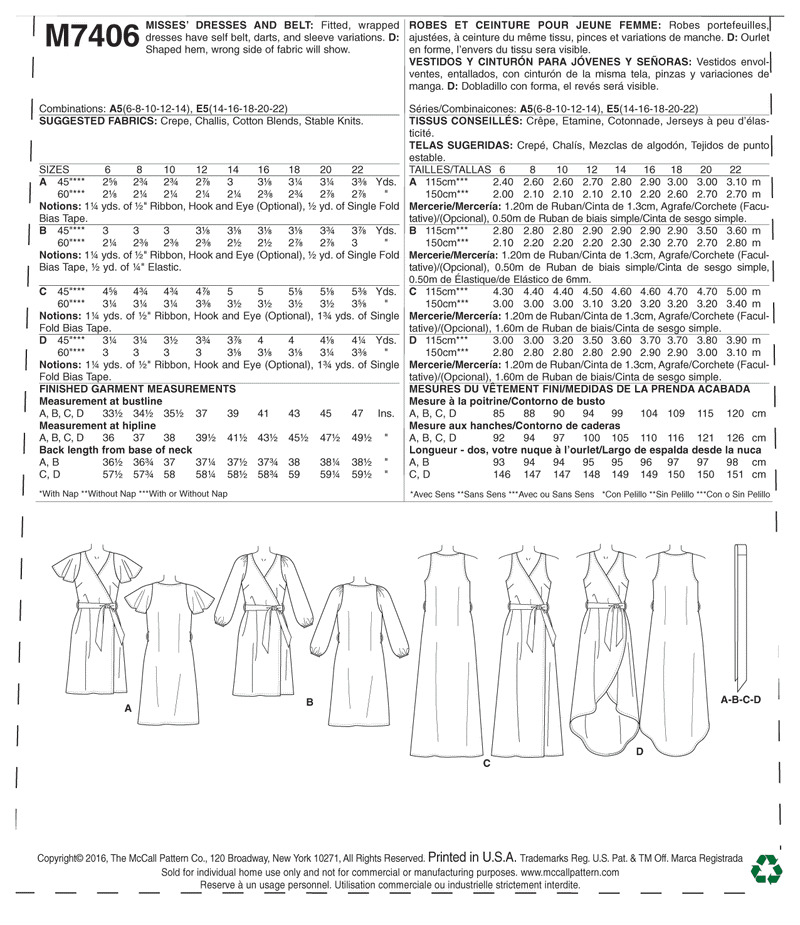 M7406 Misses' Dresses and Belt (size: 6-8-10-12-14)