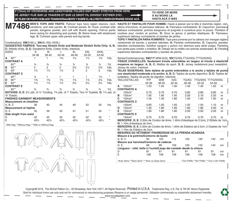 M7486 Men's Raglan Sleeve Tops and Drawstring Pants (size: 34-36-38-40-42-44)
