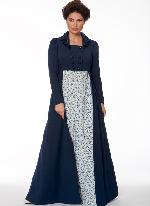 M7493 Cropped Jacket, Floor-Length Coat and A-Line, Square-Neck Dress (size: 14-16-18-20-22)