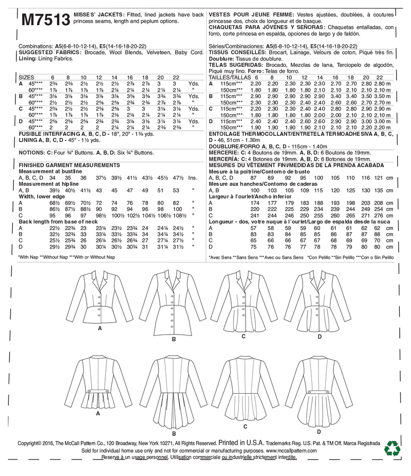 M7513 Misses' Notch-Collar, Peplum Jackets (size: 14-16-18-20-22)