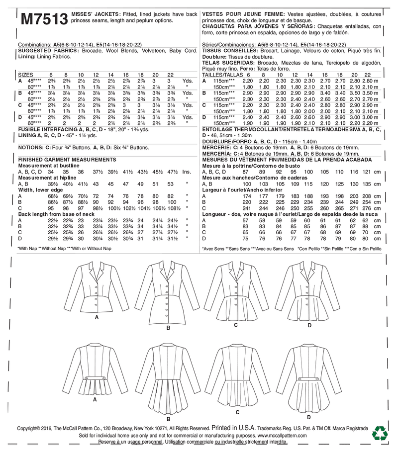 M7513 Vestes - Découpe Princesse et Col avec Entaille - Jeune Femme (grandeur : 6-8-10-12-14)