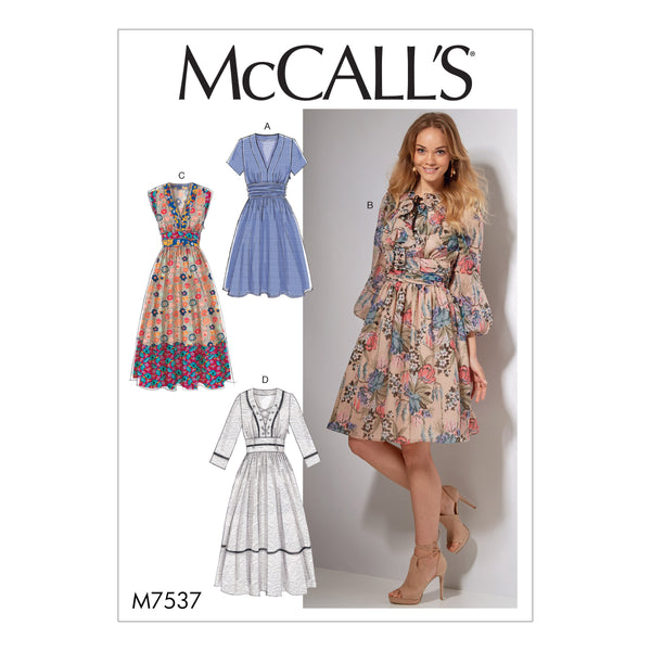 M7537 Misses' Banded, Gathered-Waist Dresses