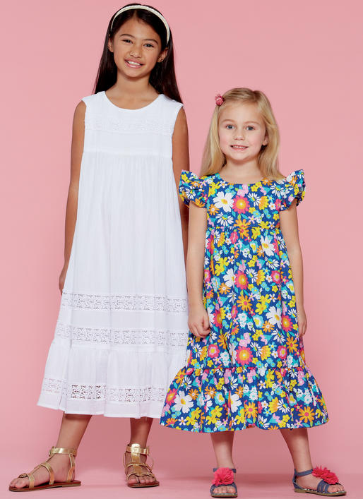 M7558 Children's/Girls' Sleeveless and Ruffle Sleeve Empire-Waist Dresses