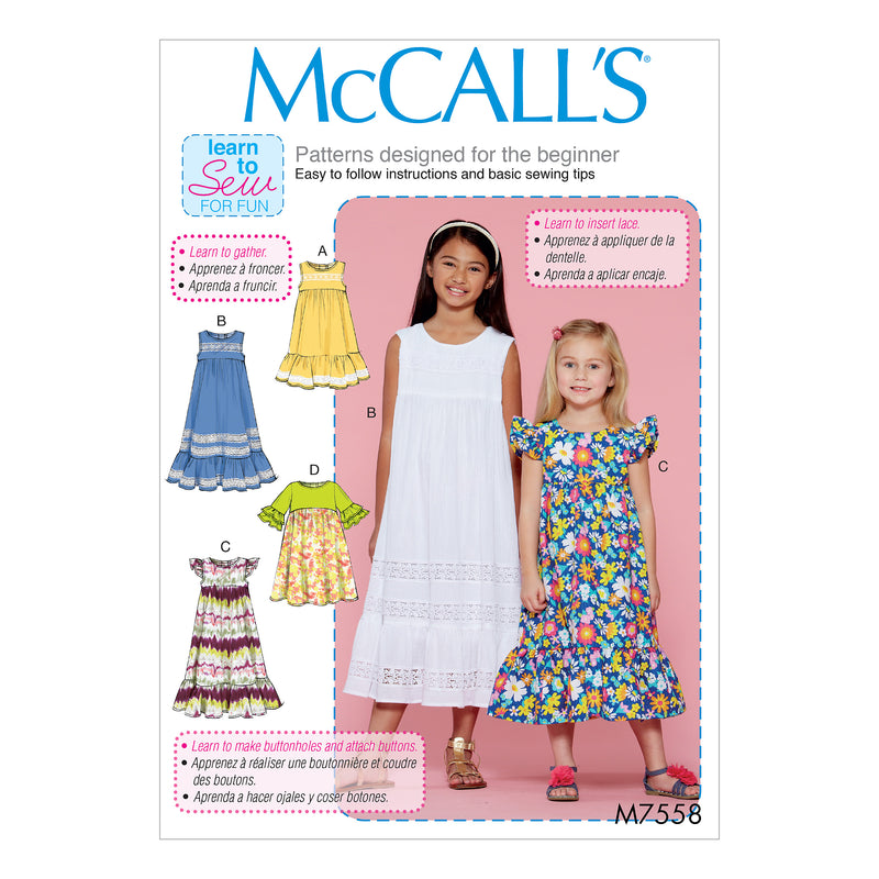 M7558 Children's/Girls' Sleeveless and Ruffle Sleeve Empire-Waist Dresses (size: 7-8-10-12-14)