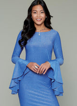 M7569 Misses' Column and Mermaid-Style Dresses with Bodice and Sleeve Variations (size: 14-16-18-20-22)
