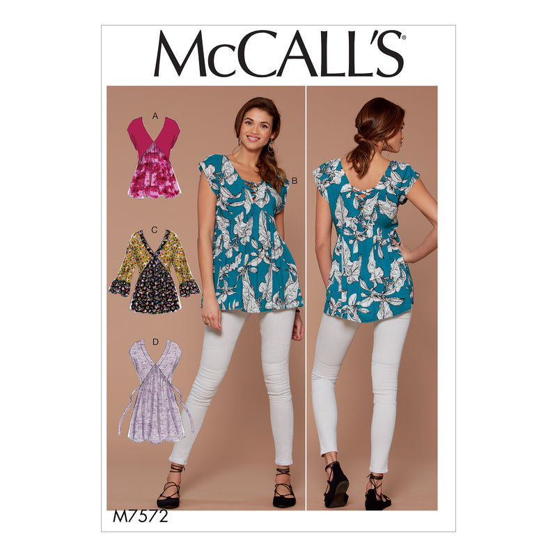 M7572 Misses' V-Neck, Gathered Tops with Sleeve and Tie Variations (size: 6-8-10-12-14)