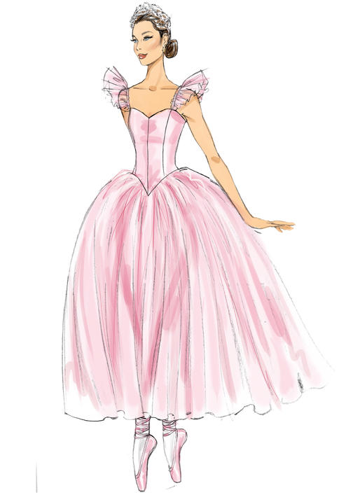 M7615 Misses' Ballet Costumes with Fitted, Boned Bodice and Skirt and Sleeve Variations (size: 6-8-10-12-14)