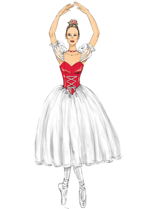 M7615 Misses' Ballet Costumes with Fitted, Boned Bodice and Skirt and Sleeve Variations (size: 6-8-10-12-14)