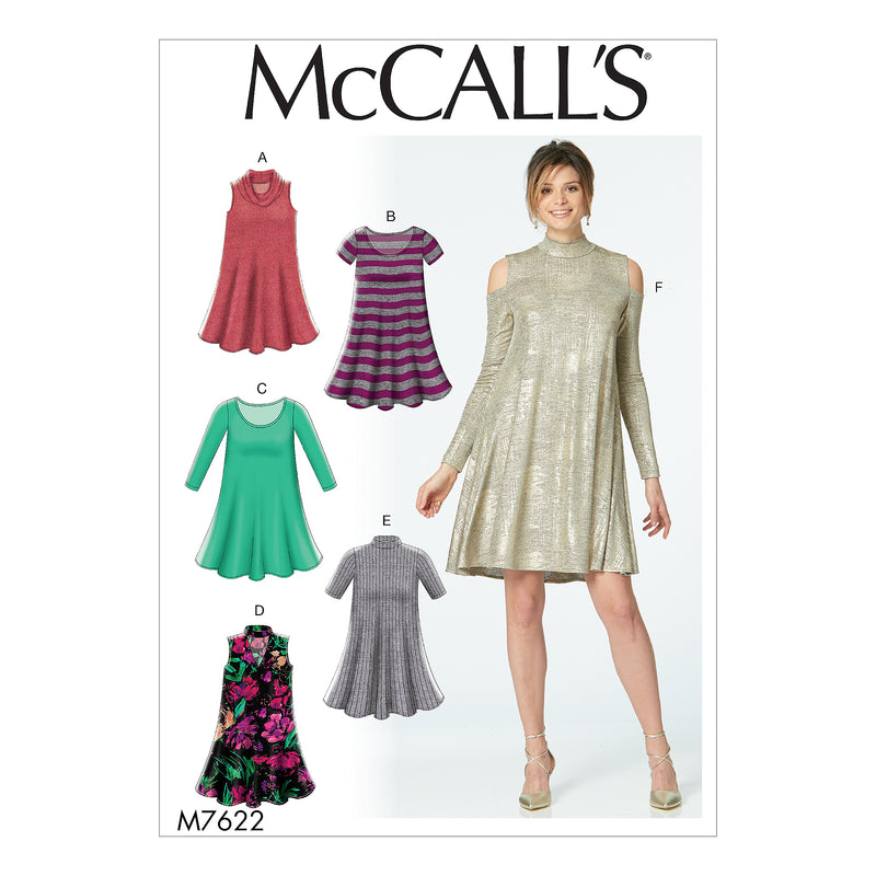 M7622 Misses' Knit Swing Dresses with Neckline and Sleeve Variations (size: LRG-XLG-XXL)