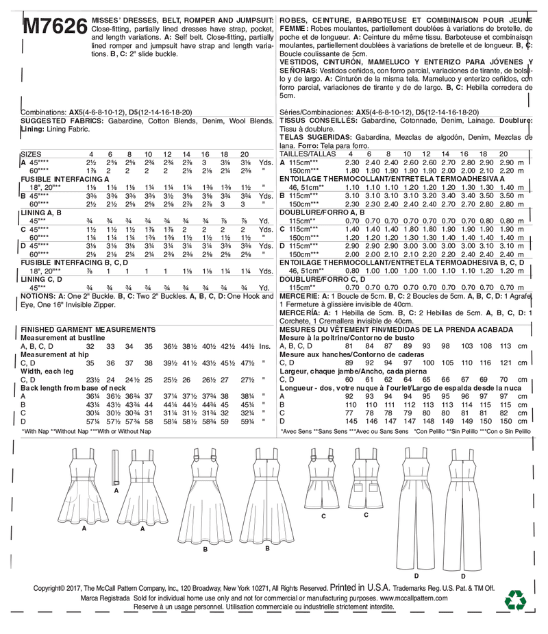 M7626 Misses' Dresses, Belt, Romper, and Jumpsuit with Pockets (size: 12-14-16-18-20)