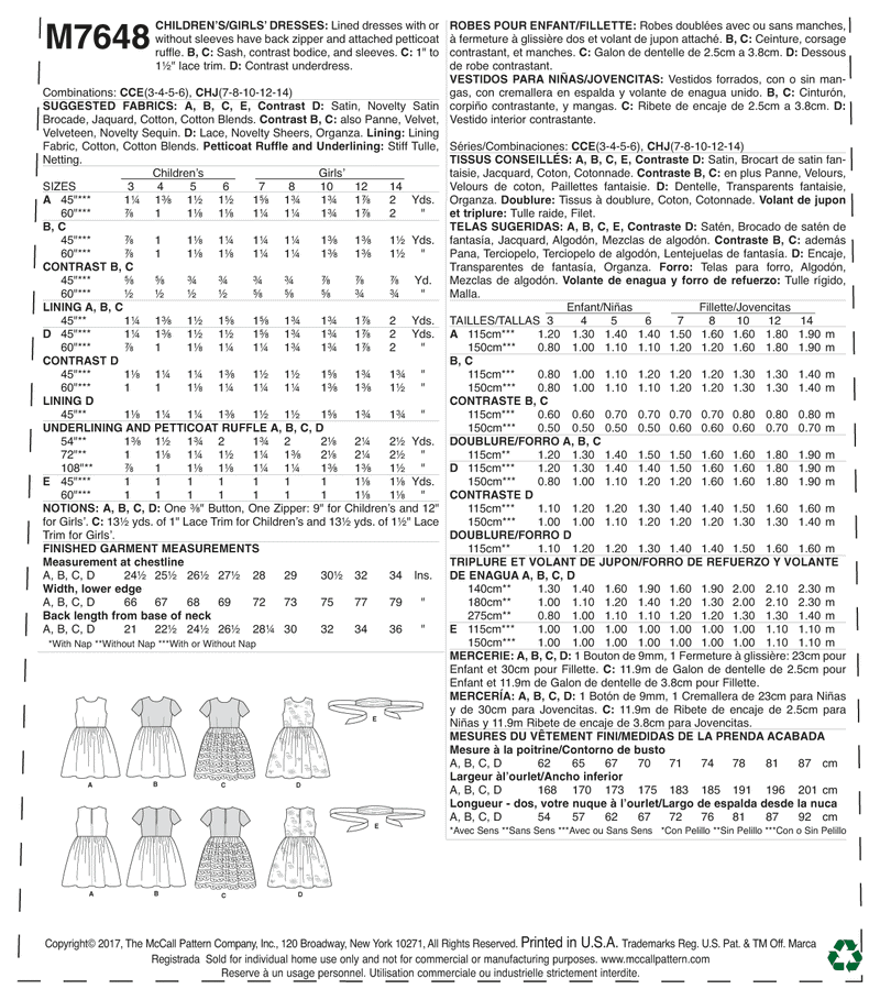 M7648 Robes froncées avec jupon à volants et ceinture - Enfants / Filles (grandeur : 3-4-5-6)