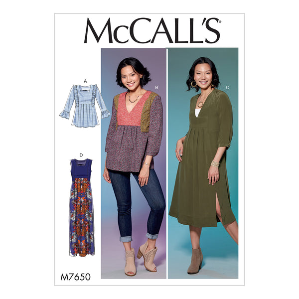M7650 Misses' V-Neck or Square-Neck Top, Tunic, and Dresses (size: 14-16-18-20-22)