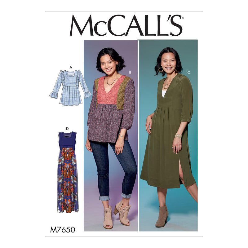 M7650 Misses' V-Neck or Square-Neck Top, Tunic, and Dresses (size: 14-16-18-20-22)