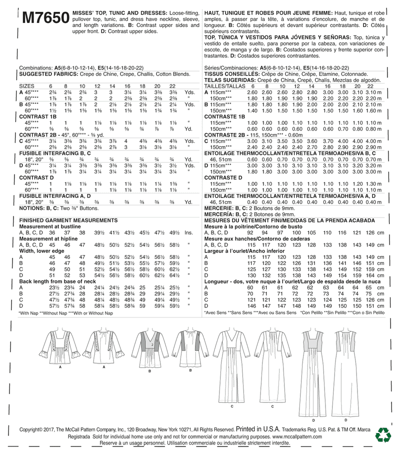 M7650 Haut à encolure en V ou carrée, tunique et robes - Jeune Femme (grandeur : 14-16-18-20-22)