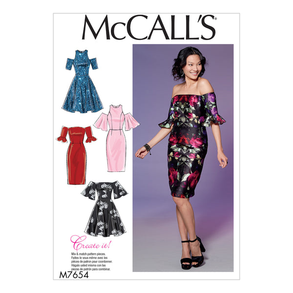 M7654 Misses'/Miss Petite Dresses with Mix-and-Match Shoulder, Sleeve, and Skirt Variations (size: 14-16-18-20-22)
