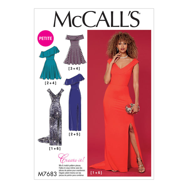 M7683 Misses'/Miss Petite Dresses with Shoulder and Skirt Variations (size: 6-8-10-12-14)