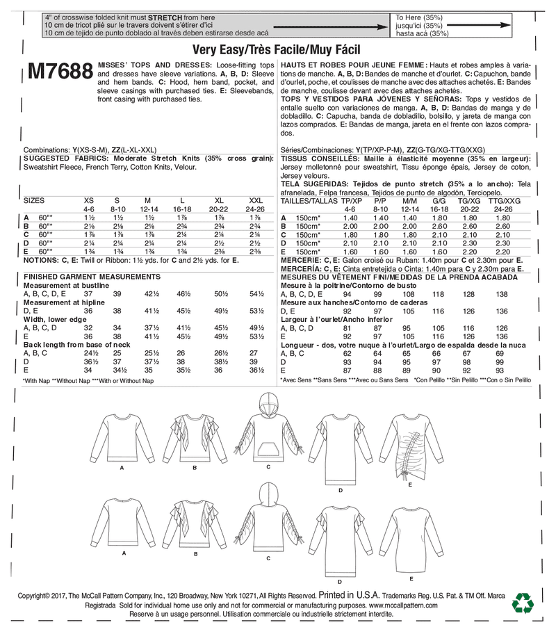 M7688 Misses' Knit Tops and Dresses (size: XS-S-M)