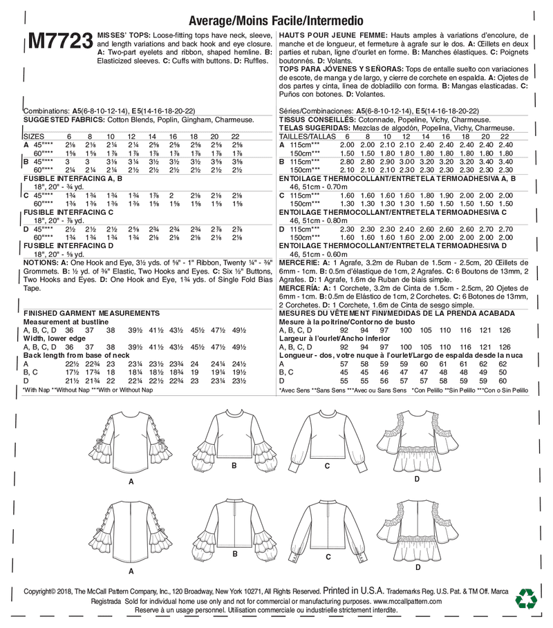 M7723 Misses' Tops (size: 14-16-18-20-22)
