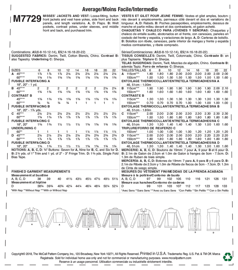 M7729 Misses' Jackets and Vest (size: 6-8-10-12-14)