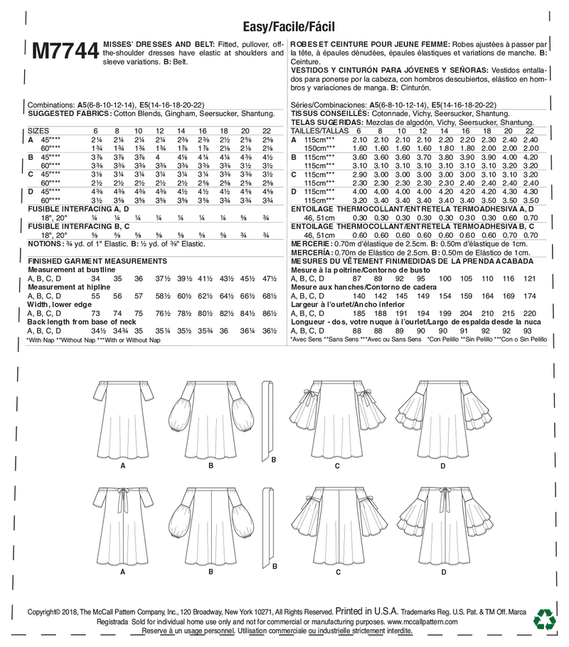 M7744 Misses' Dresses and Belt (size: 14-16-18-20-22)