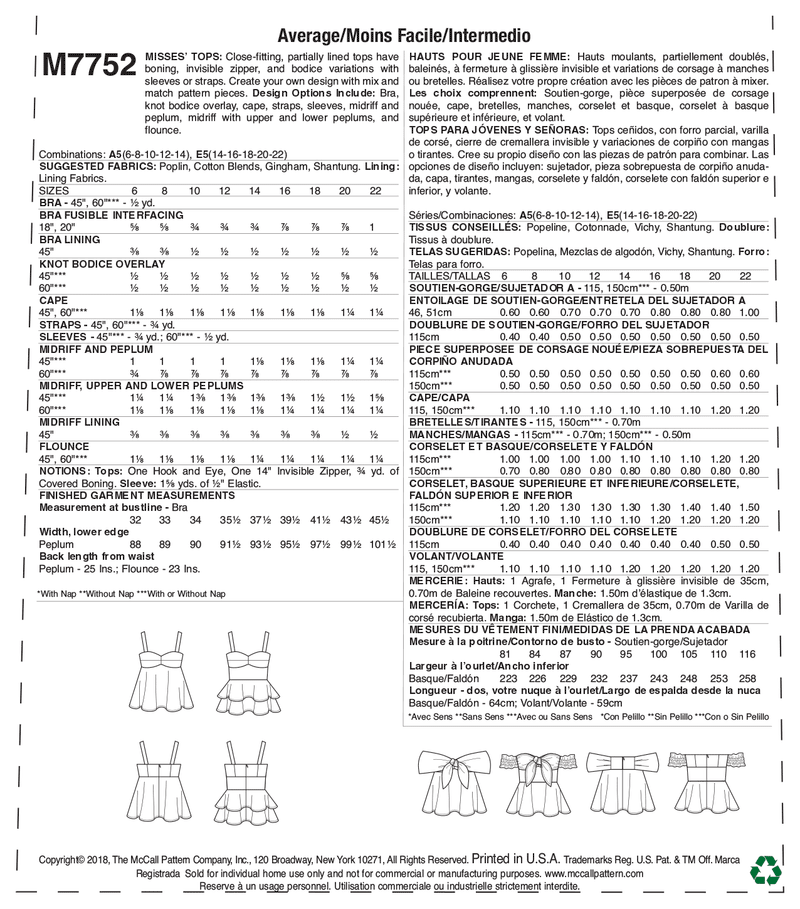 M7752 Misses' Tops (size: 6-8-10-12-14)