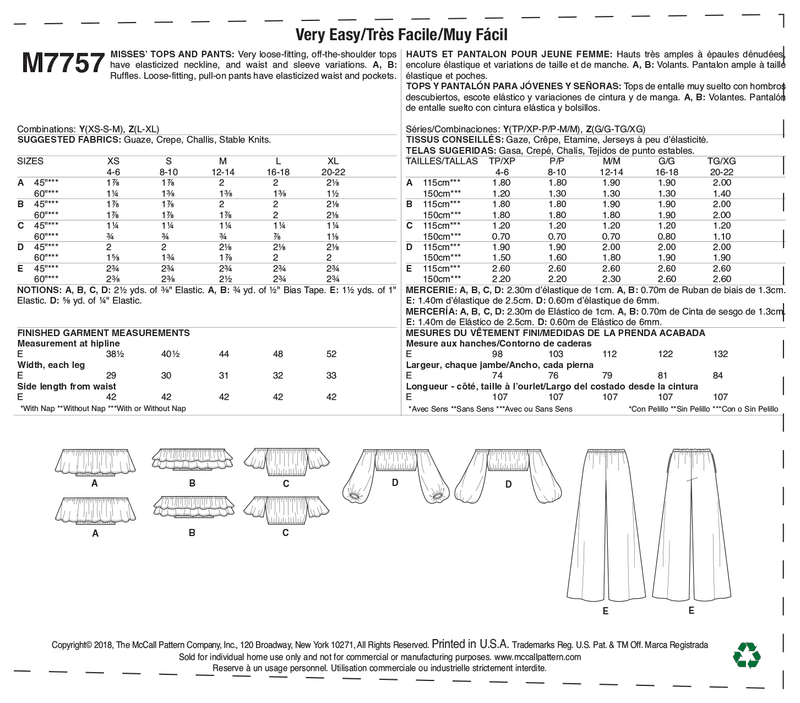 M7757 Misses' Tops and Pants (size: L-XL)