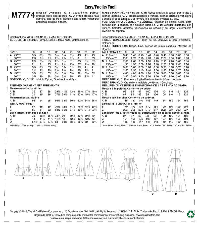M7774 Misses' Dresses (size: 14-16-18-20-22)