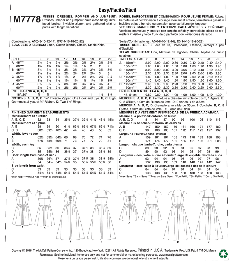 M7778 Misses' Dresses, Romper and Jumpsuit (size: 6-8-10-12-14)