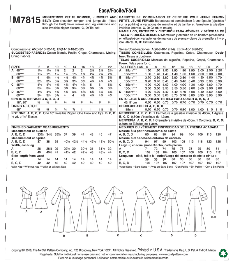 M7815 Misses'/Miss Petite Romper, Jumpsuit and Belt (size: 6-8-10-12-14)