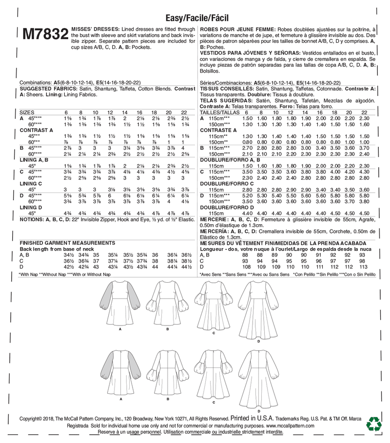 M7832 Misses' Dresses (size: 14-16-18-20-22)