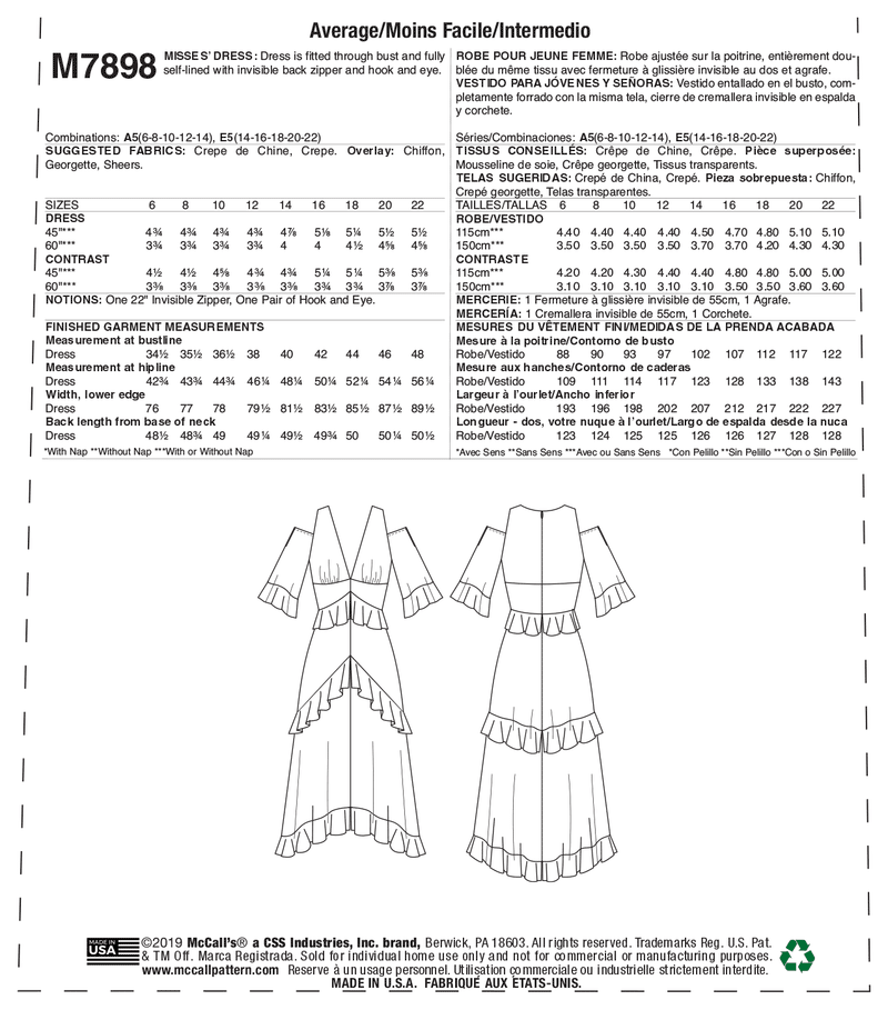 M7898 Misses' Dress (size: 6-8-10-12-14)