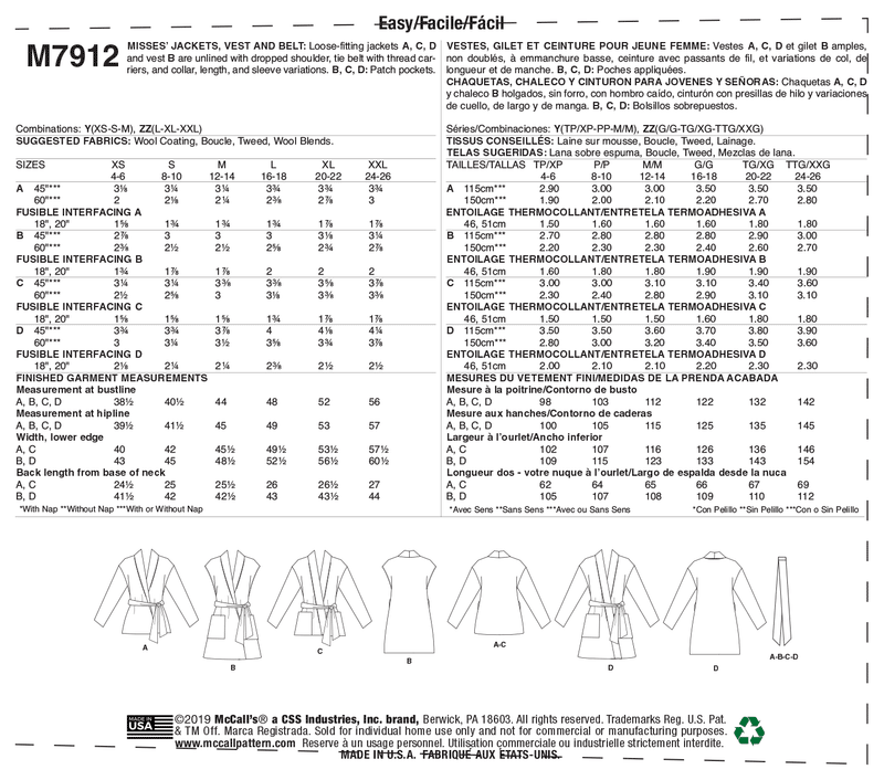 M7912 Misses' Jackets, Vest and Belt (size: XS-S-M)