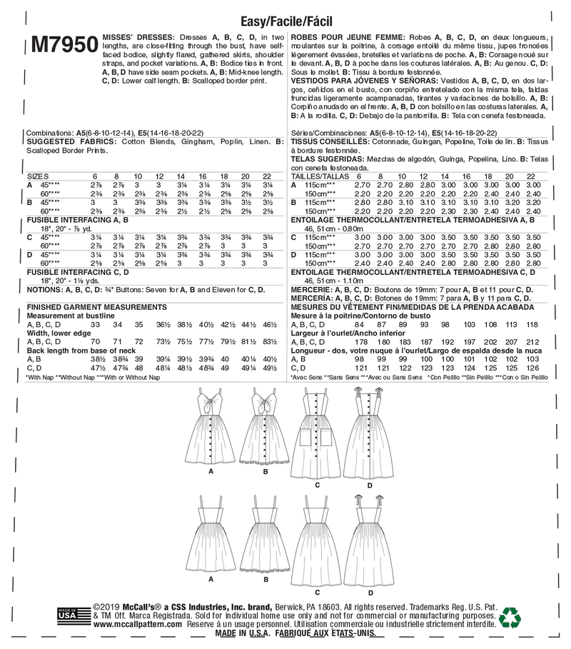 M7950 Misses' Dresses (size: 6-8-10-12-14)